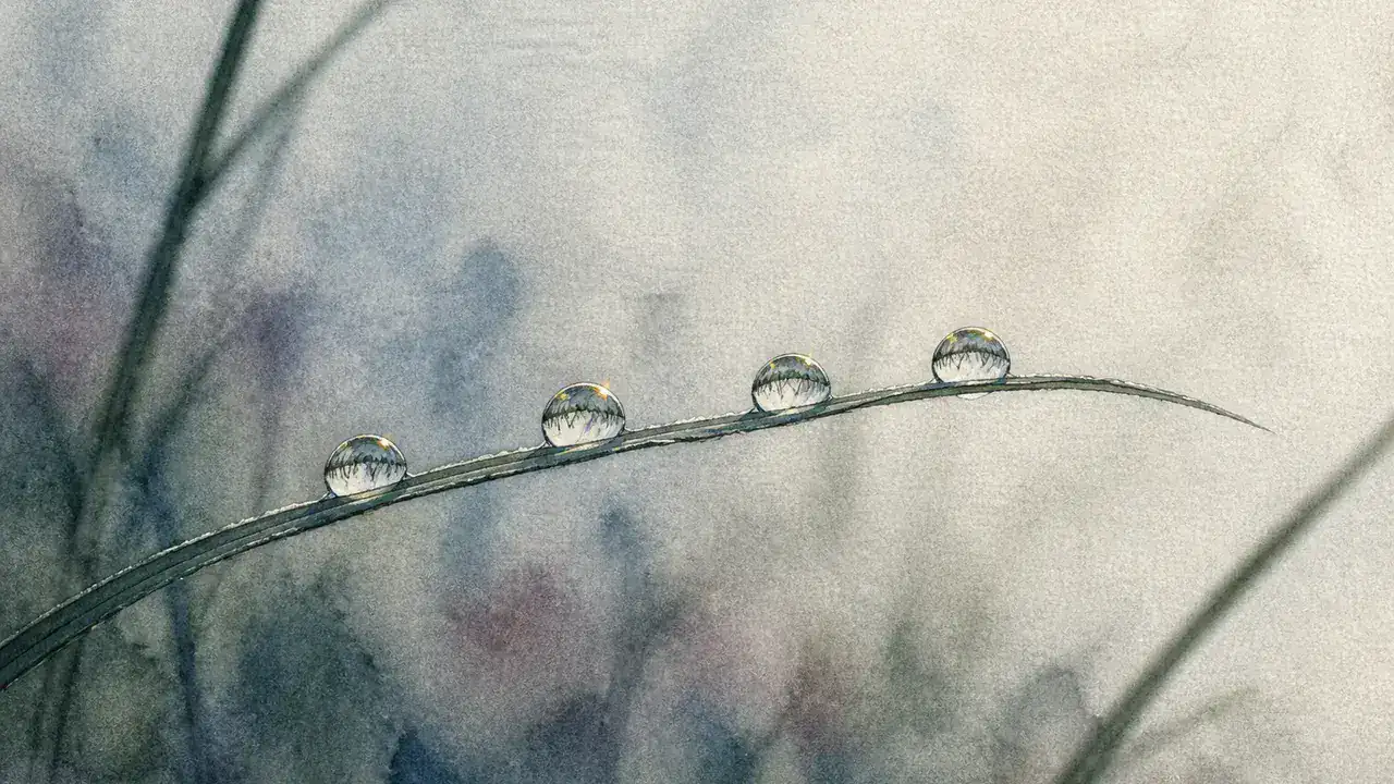 一本の草の葉に等間隔で並んだ四粒の朝露を、低い視点で接写した水彩画