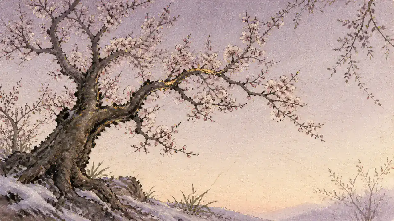 薄紫の夕空を背に見上げた梅の古木。ほころんだ花と、根元に残る雪を描いた水彩画
