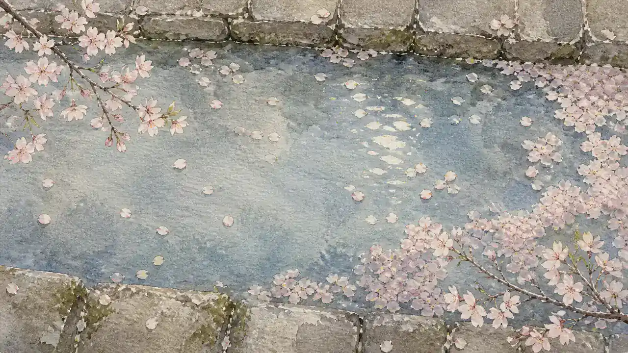 真上から見下ろした水路の水面。散った桜の花びらが集まり、ゆっくり流れていく水彩画