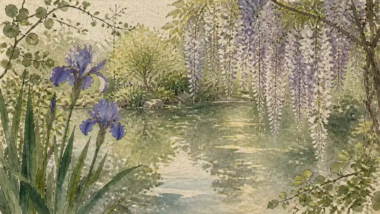 新緑の池のほとりを低い位置から捉えた場面。藤の花房が垂れ、燕子花が咲く水彩画