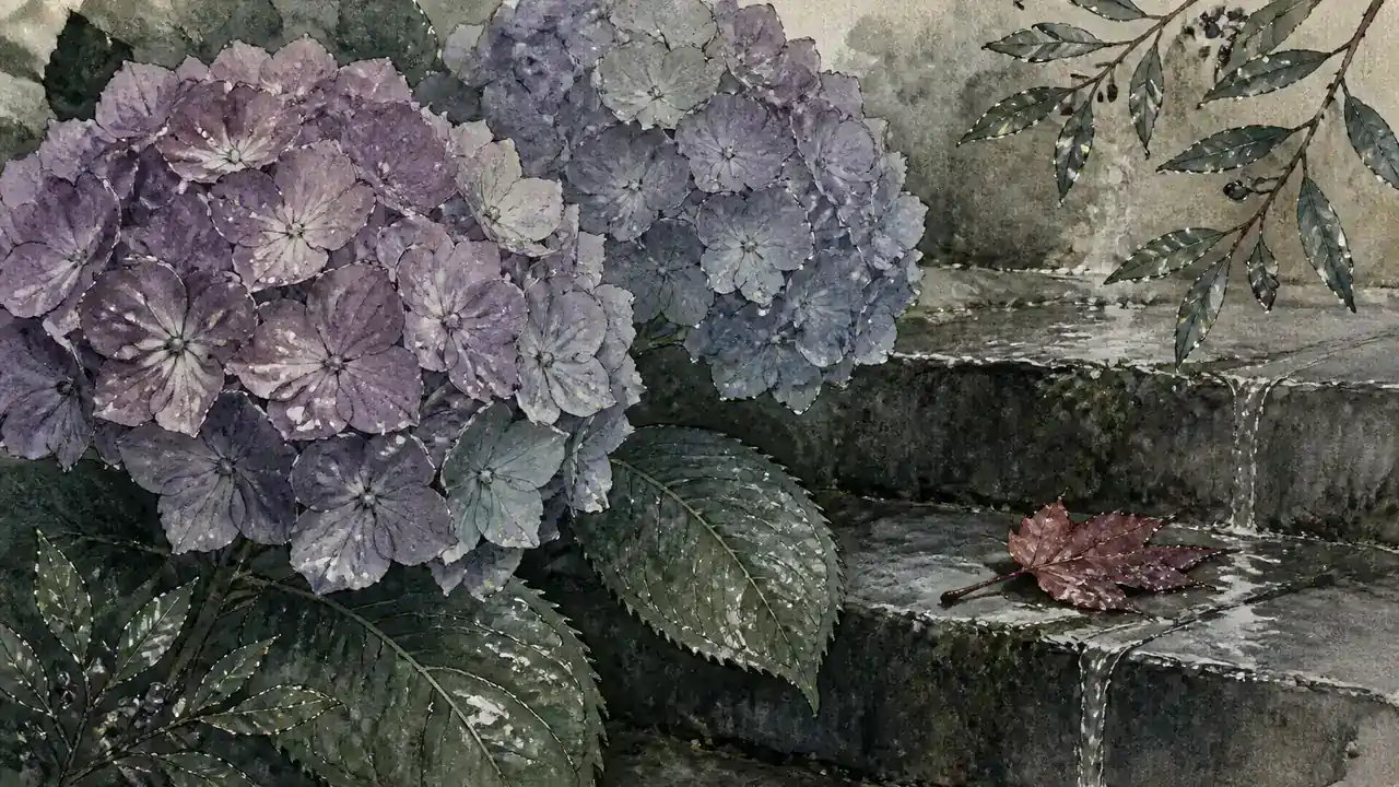 雨に濡れた石段のそばに咲く紫陽花の接写。花びらに水滴がのり、空は曇っている水彩画