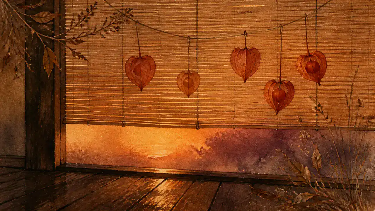 夕暮れの縁側。葦の簾越しに、朱色のほおずきが数個吊り下がって揺れている水彩画