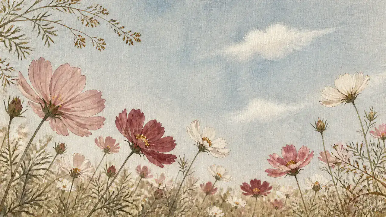 秋晴れの午後、花の背丈まで下げた視点から見上げるコスモス畑と高い空の水彩画