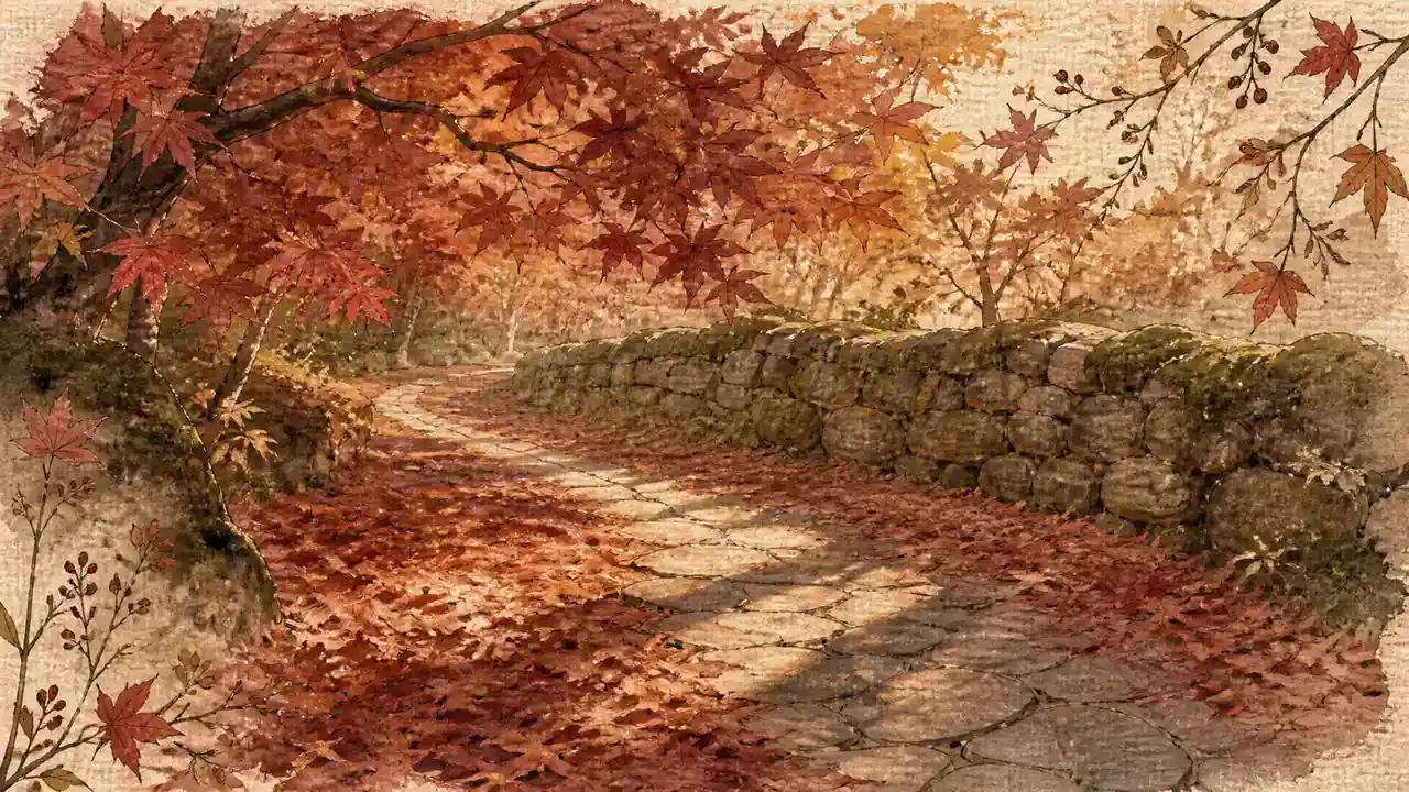 晩秋の午後、紅葉の枝が張り出す石畳の小径。落ち葉が敷き詰まり金色の光が差す水彩画