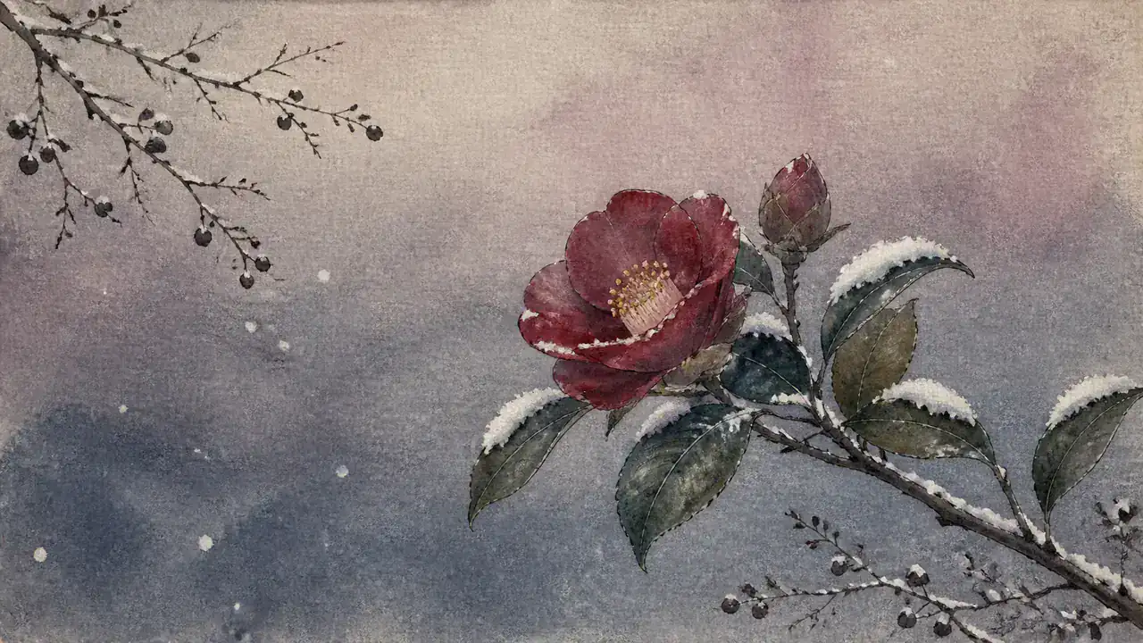 初雪の夕暮れ、葉に雪をのせた椿の枝先に、深い紅の花がひとつ咲いている水彩画