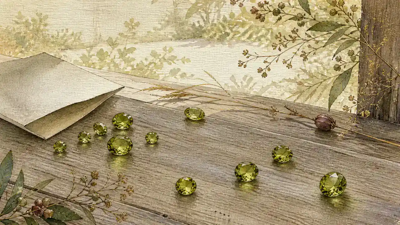 夏の午後、縁側に置かれた明るい黄緑色のペリドットの粒と、乾いた夏草の静物画