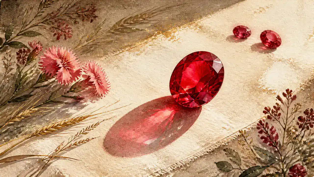 燃えるような鮮紅色のルビーが強い光を受け、撫子の花を添えた夏の静物画