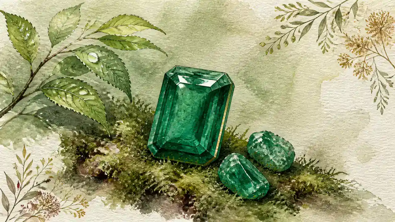 深緑のエメラルドの角形カットの石と、苔や露を含んだ若葉を添えた静物画