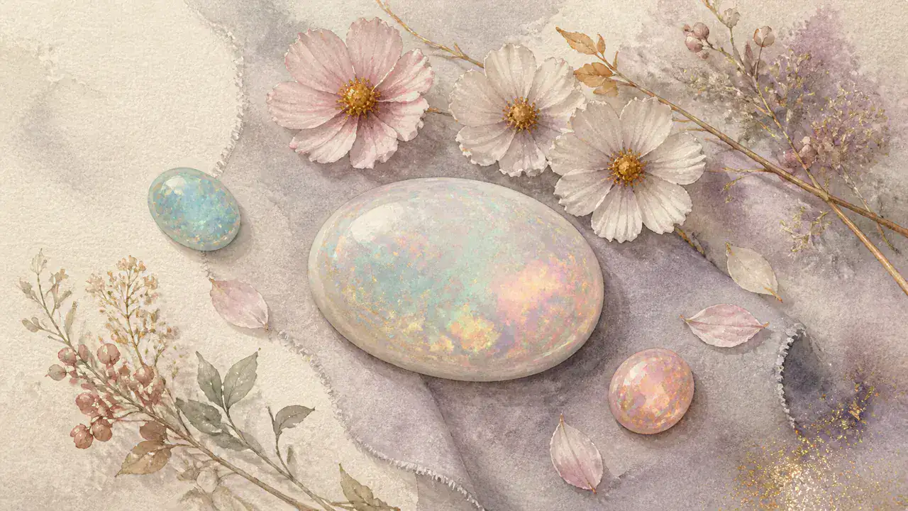 乳白色の中に虹色が揺らぐオパールと、淡い秋桜の花を添えた静物画