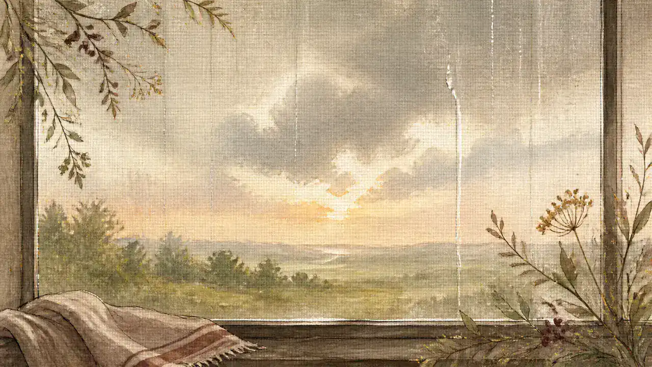 雨上がりの窓に残る水滴越しに、遠くの空が明るみはじめた景色を描いた水彩画