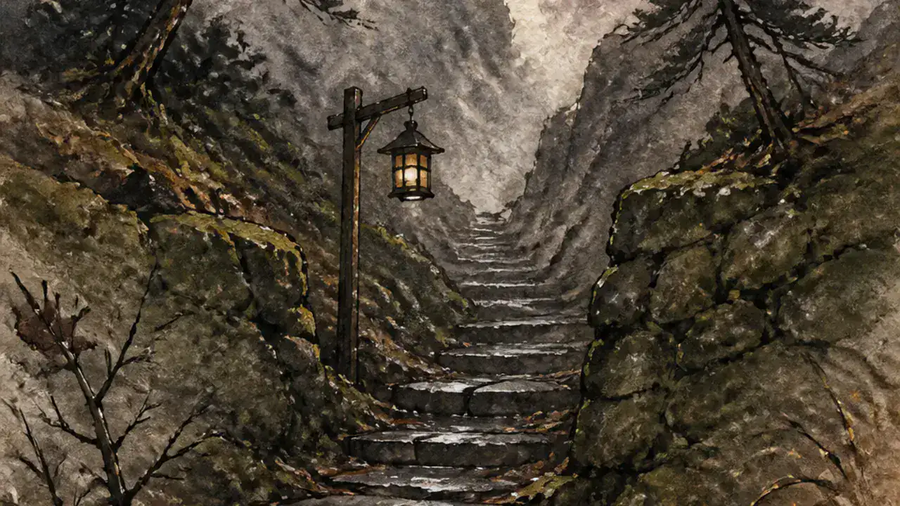 雨に濡れた急な石段と、風にたわむ松、支柱に灯る小さな灯りを描いた水彩の風景