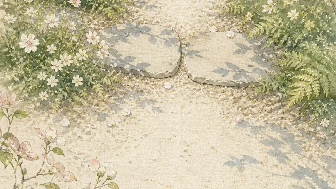 庭で二つの小径が交わる場所に置かれた飛び石と、白い花を高い視点から描いた水彩画