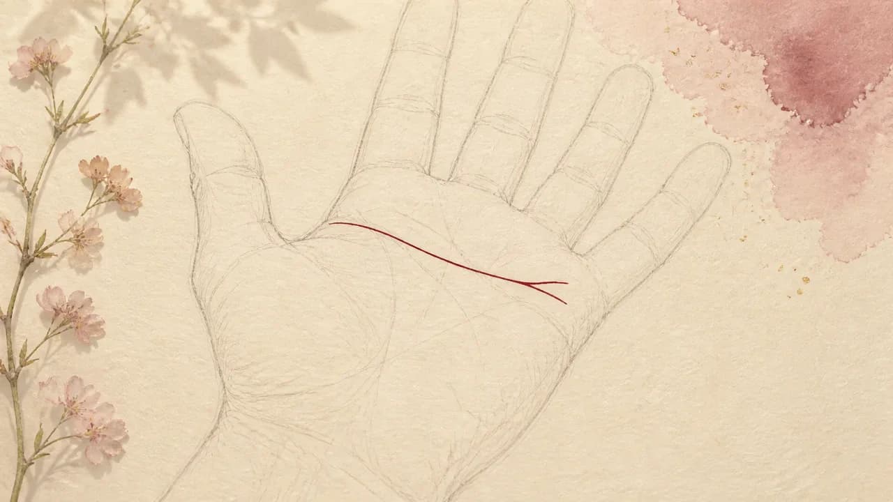 手のひらの線画。小指側の縁から人差し指へ向かって横に走る一番上の線が濃く描かれている