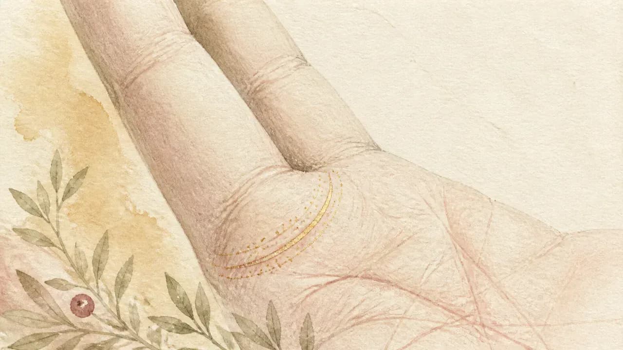 人差し指のつけ根を寄せて描いた線画。指のつけ根を囲む半円の弧が金色で濃く描かれている