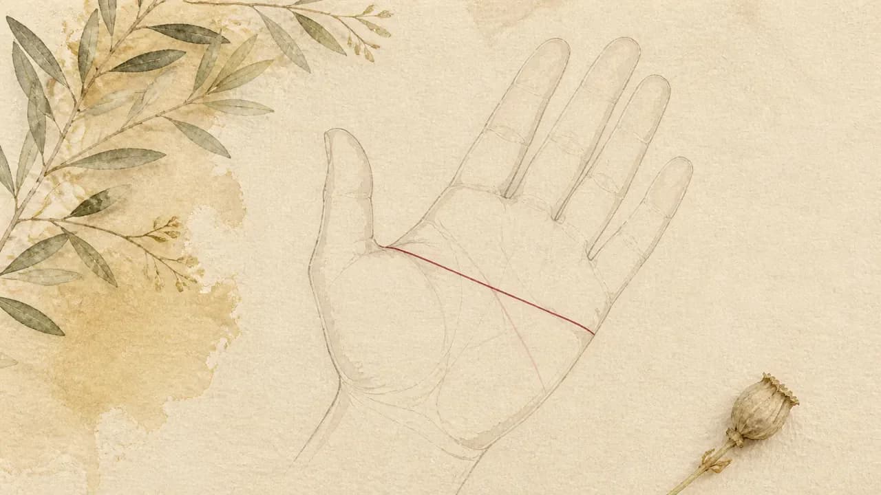 手のひらの線画。親指と人差し指のあいだから小指側へ横切る中ほどの線が濃く描かれている