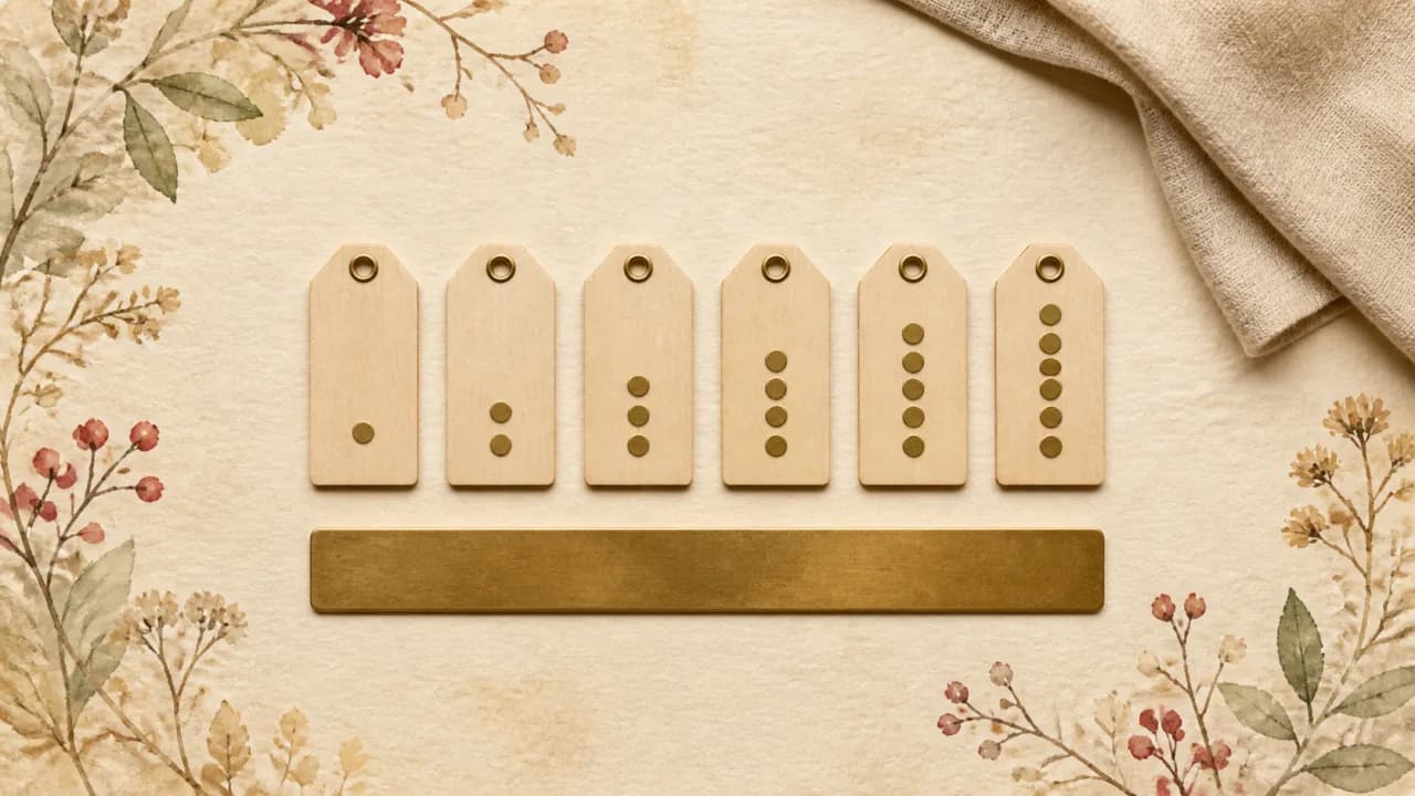 金色の点を並べた六枚の木札と真鍮の定規を水彩で描いた俯瞰図