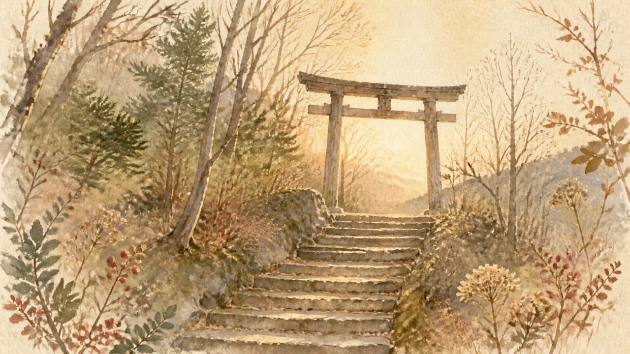 冬の朝日に照らされた石段と木の鳥居を描いた水彩画