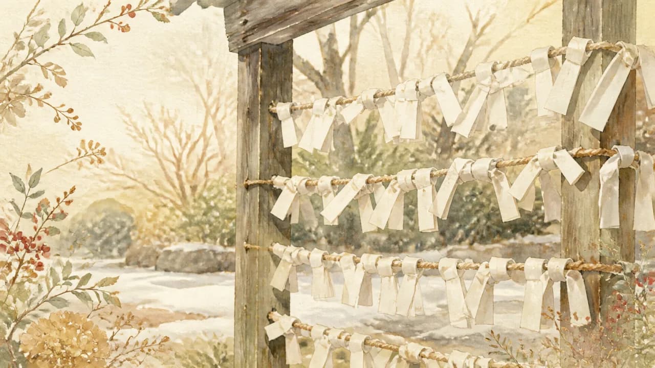 神社の木の結び所に白いおみくじを結んだ冬朝の水彩画