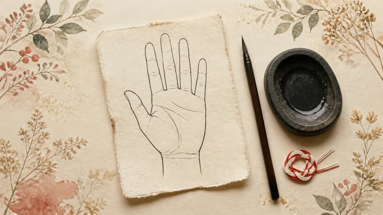 手のひらの線画を描いた和紙と筆、硯、水引を配した俯瞰図