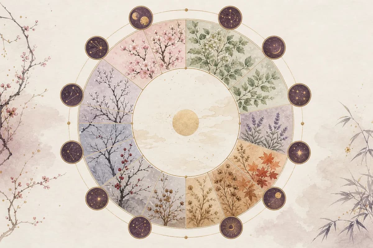 春夏秋冬の植物と十二の星座を一つの輪にした年間図