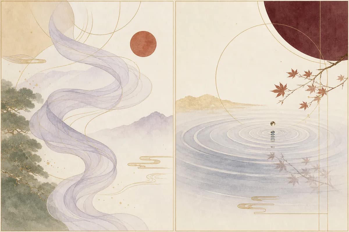 流れる風の帯と静かな水面を左右に並べた絵