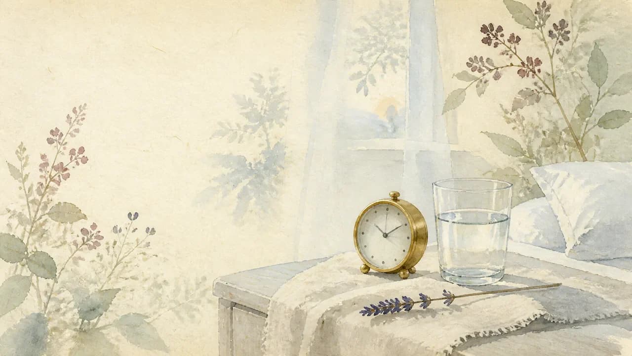 夜の枕元に置かれた点の文字盤の時計と、水のグラス、乾いたラベンダーを描いた水彩画