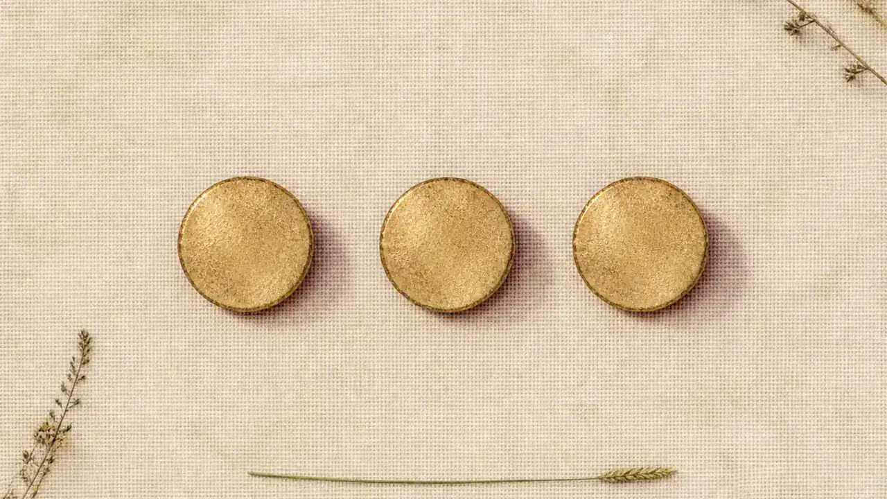 麻布の上にきっちり等間隔で並ぶ、同じ大きさの三つの金の粒を接写した水彩画