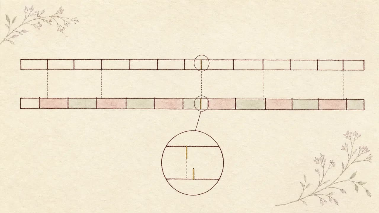 和紙の線画。上下二本の帯が並び、区切り線の位置が互いにずれ、一箇所が丸く拡大される図
