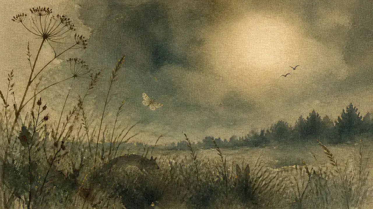 月明かりの草原を低い視点で描いた水彩画。草の間に小さな生きものの影と飛ぶ蛾が見える