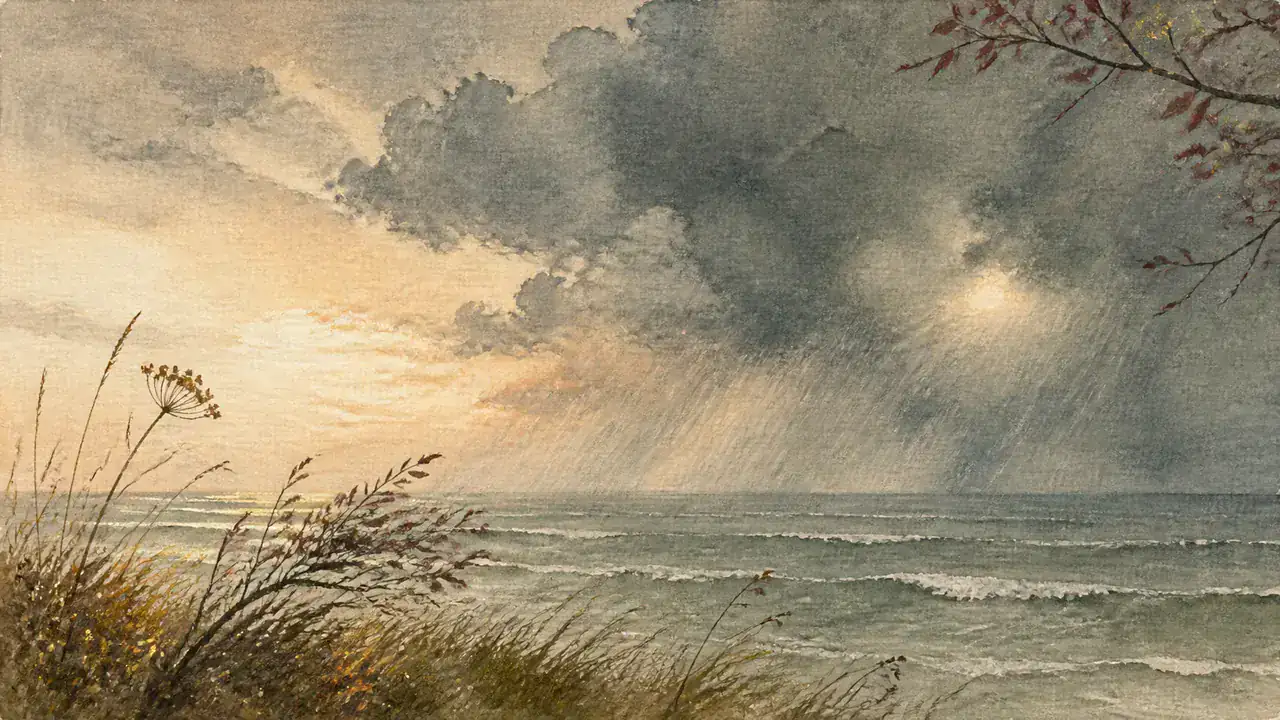 雨の海を水平線まで描いた水彩画。斜めの雨脚と遠い雷雲、うねる波と濡れた岸の草が見える