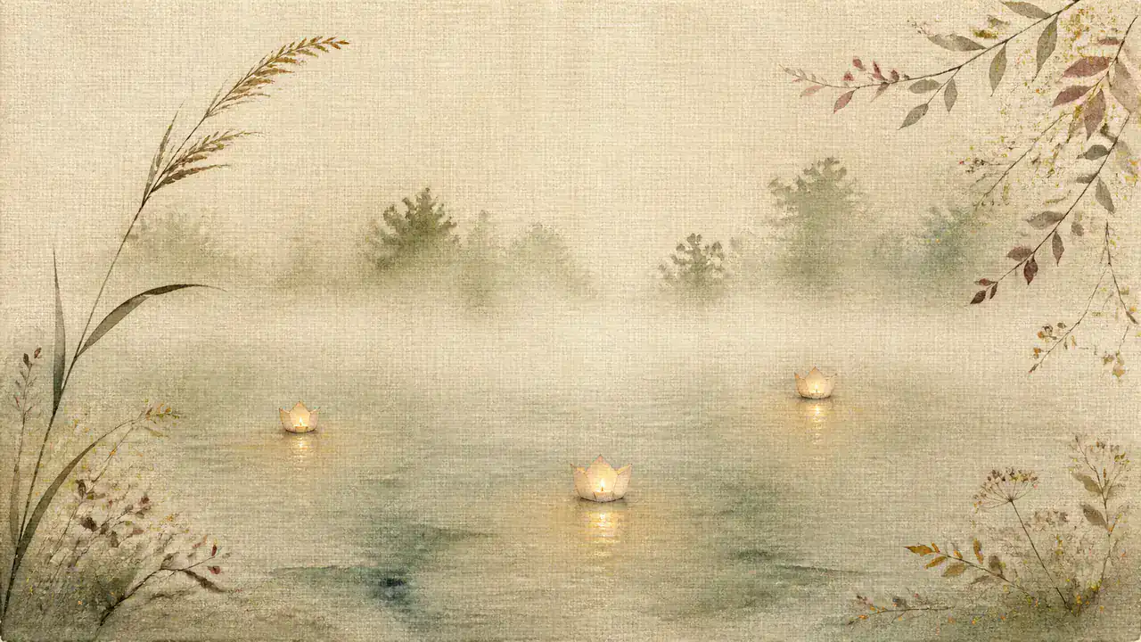 薄明の水面に浮かぶ小さな灯りと、輪郭のぼやけた対岸の木立を描いた水彩画