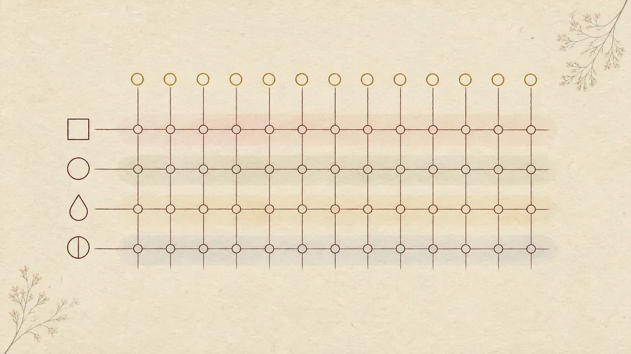 和紙に描かれた線画の格子。縦に四つ、横に十二の印が並び、交点に小さな空円が並ぶ図