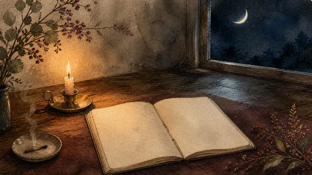 夜更けの机で灯したばかりの蝋燭と、開いたままの白紙のノートを描いた水彩画