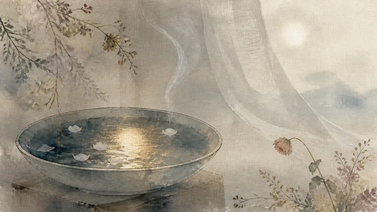 夜、水を張った浅い器に月が溶けるように映り、香の煙と薄布が漂う情景の水彩画