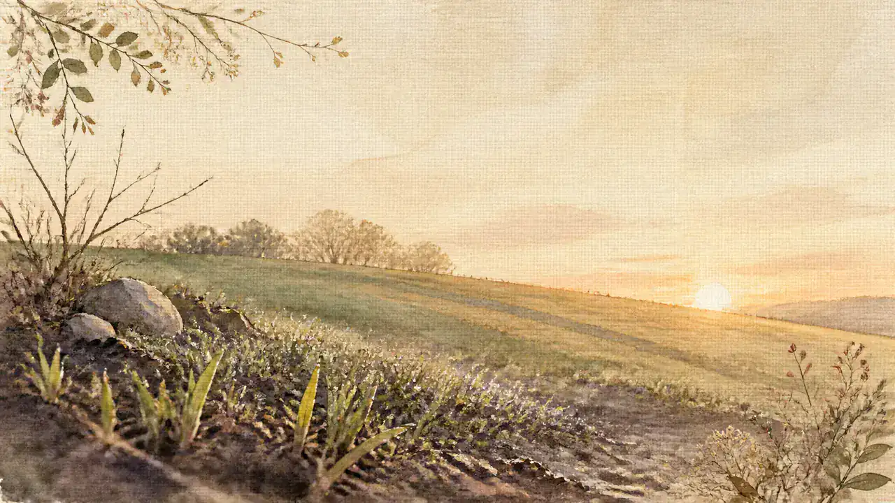 夜明けの丘で朝日を受ける若草の芽と、露を含んだ土の斜面を描いた水彩画