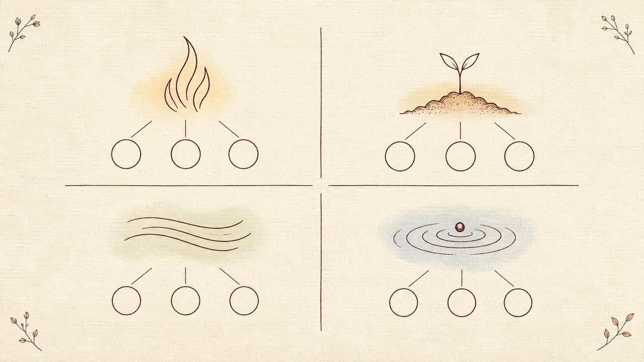 火・地・風・水の四分類を、炎や芽、風の線、水の波紋の線画で四つに分けた図