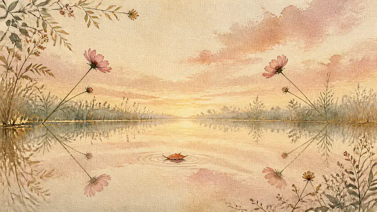 秋の夕暮れ、鏡のような池の水面と、両岸から等しく傾く二本の秋桜