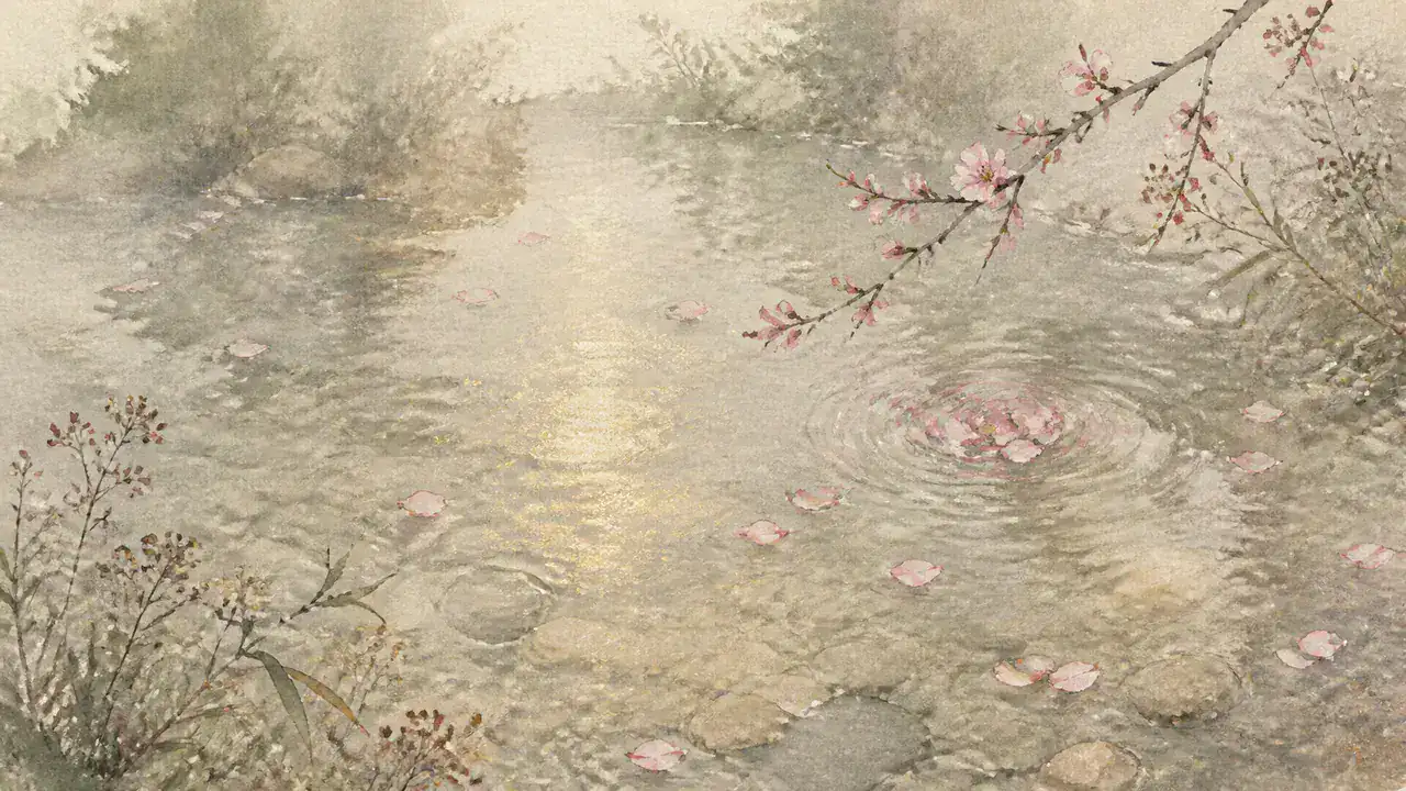 雨上がりの薄曇り、浅い流れの水面に浮かぶ桃の花びらと霞んだ岸辺