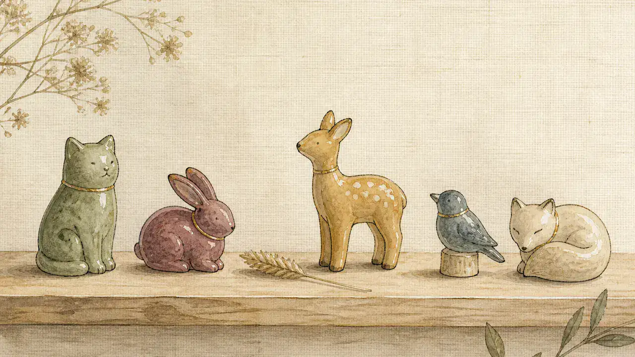 木の棚に並ぶ猫・兎・鹿・鳥・狐をかたどった小さな陶の置物を描いた水彩の静物