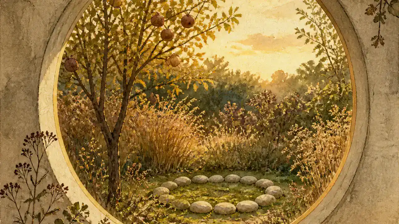 丸窓から見える金色の夕光の庭と、円く並べた石、熟した実を描いた水彩の風景