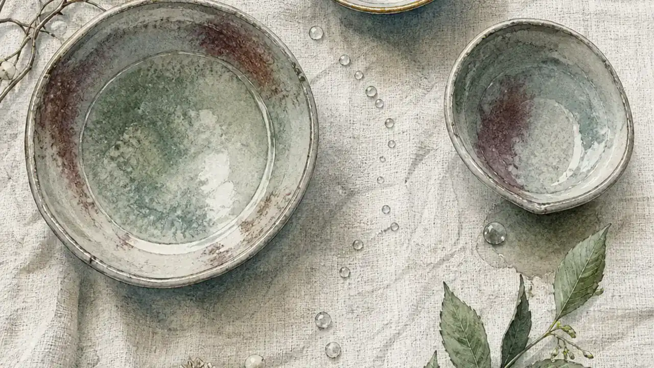 麻布の上に並ぶ三つの浅い陶の器と、こぼれた水滴を真上から描いた水彩画