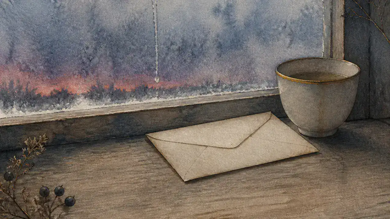 窓辺に置かれた未開封の封筒と、冷めきった紅茶のカップを夕暮れに描いた水彩画