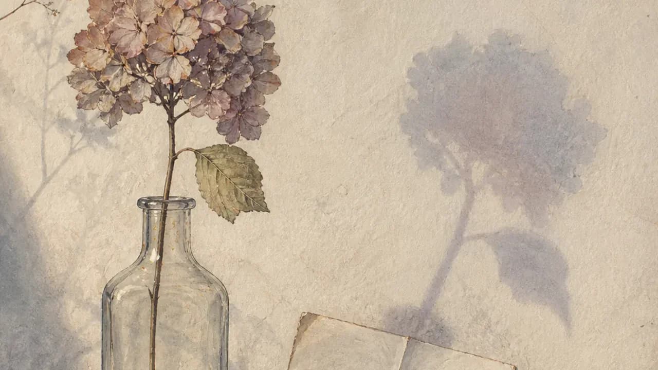細い硝子瓶に挿した一輪の乾いた花と、折られたまま渡されていない紙片を描いた水彩画