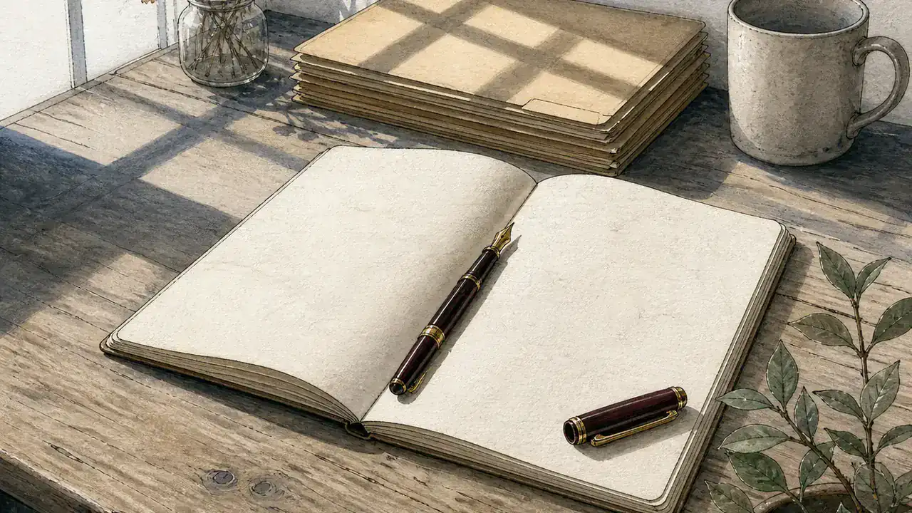 朝の窓辺の机に置かれた白紙のノートと万年筆、書類の束と格子状の影を描いた水彩画