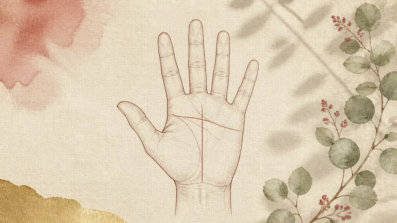 和紙に描かれた開いた手のひらの線画。生命線・感情線・頭脳線・運命線の四本が同じ濃さで引かれている