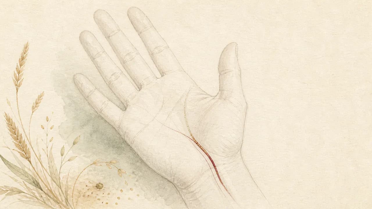 手のひらの線画。親指のつけ根を囲んで手首へ下る一本のカーブだけが濃く描かれている