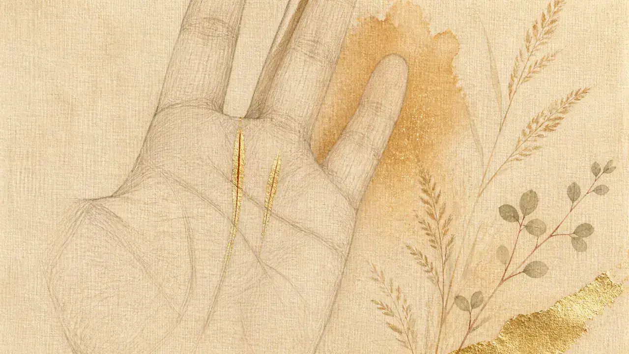 手のひら上部の線画。薬指のつけ根へ立ち上がる短い縦線が金色で濃く描かれている