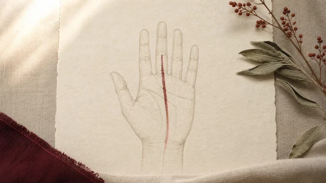 手のひらの線画。手首から中指のつけ根へ縦に貫く一本の線が金と臙脂で濃く描かれている
