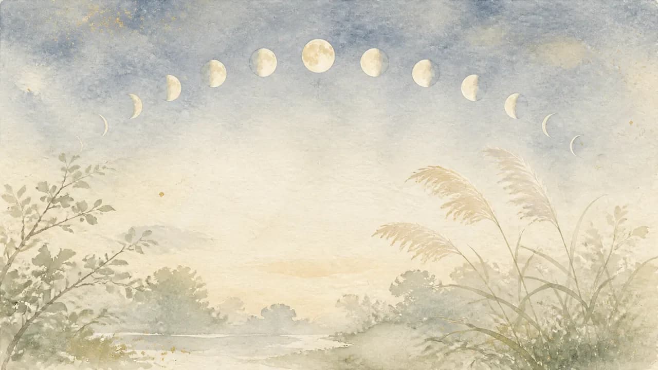 夜空に弧を描いて並ぶ満ち欠けの月の円と、影になった庭の梢を描いた横長の水彩画
