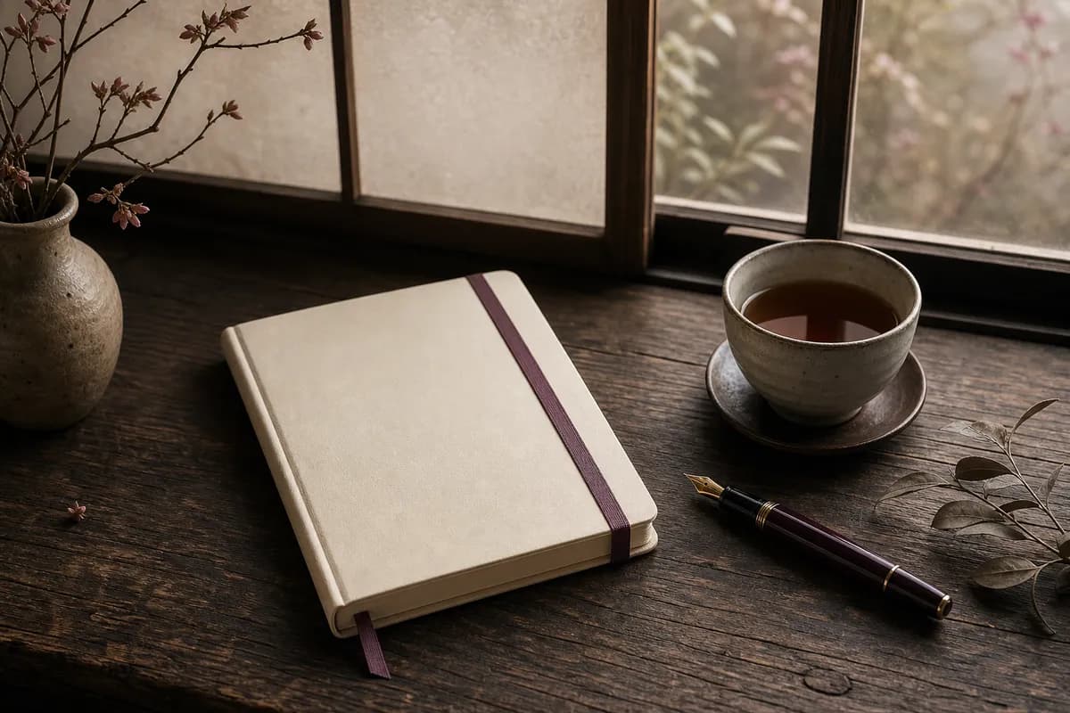書き終えた白いノート、ペン、温かいお茶を置いた窓辺